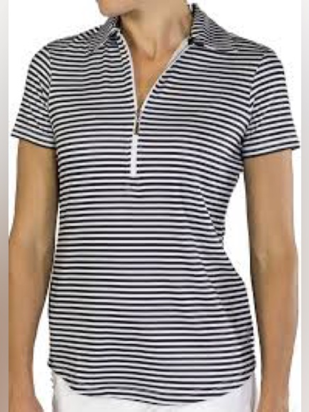 JoFit Womens Polo Shirt Blue White Size L Stripe Collared Short Sleeve